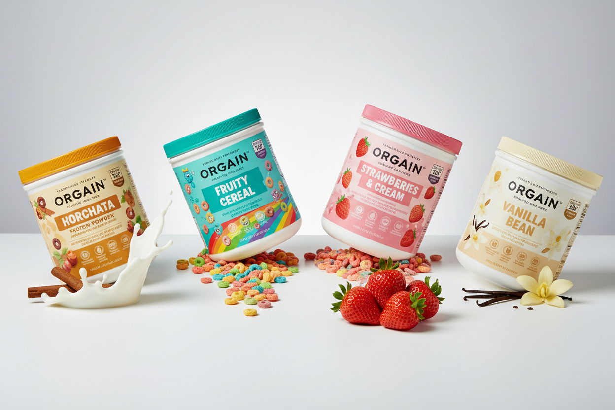 Create a high-quality, vibrant, and friendly product image for a health and wellness website. Show four Orgain protein powder containers in the flavors: Horchata, Fruity Cereal, Strawberries & Cream, and Vanilla Bean. Each container should be clearly visible, arranged in a playful but organized way, with enhanced, rich colors that make each flavor pop. Include subtle, flavor-themed props: cinnamon sticks or milk for Horchata, colorful cereal pieces for Fruity Cereal, fresh strawberries for Strawberries